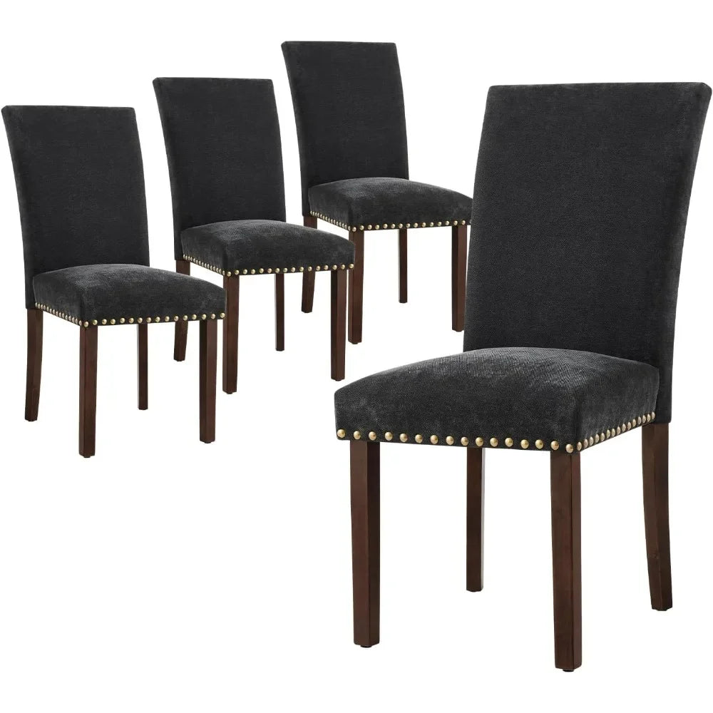 Upholstered Parsons Dining Chairs Set of 4, Fabric Dining Room Kitchen Side Chair with Nailhead Trim and Wood Legs - Blac