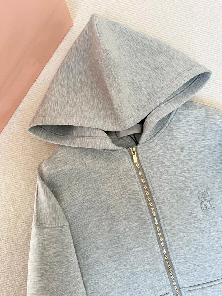 New Gray Hooded Zipper Sweatshirt Fashion Double Layer Cotton Thickened Basic Cardigan Jacket Cost