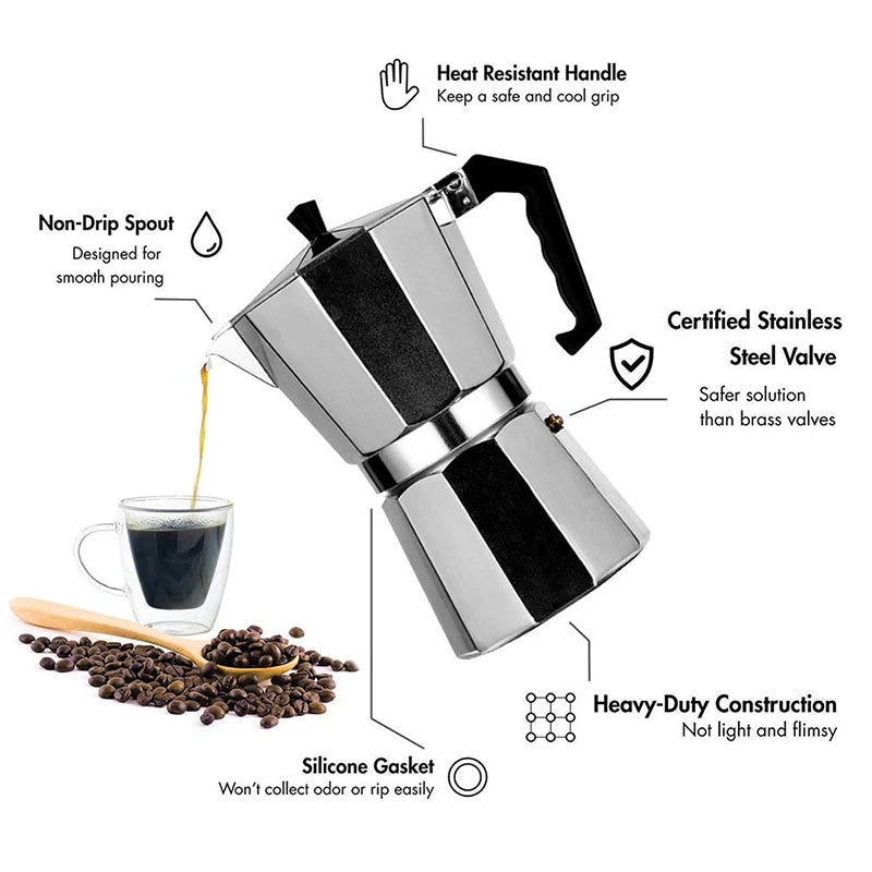 Moka Pot Stovetop Espresso Maker 50/100/150/300/450/600ML Stainless Steel Coffee Maker For Classic Italian For Home Office Use