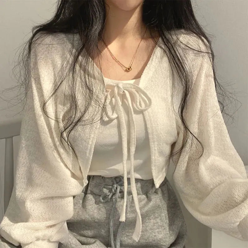 Lucyever White Knitted Cardigan Women Summer Thin Sunscreen Lace-Up Knitwear Tops Female Korean Style Lantern Sleeve Short Coat