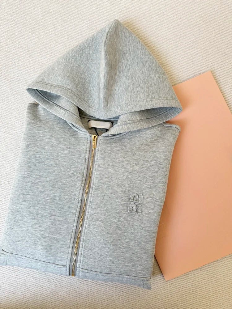 New Gray Hooded Zipper Sweatshirt Fashion Double Layer Cotton Thickened Basic Cardigan Jacket Cost