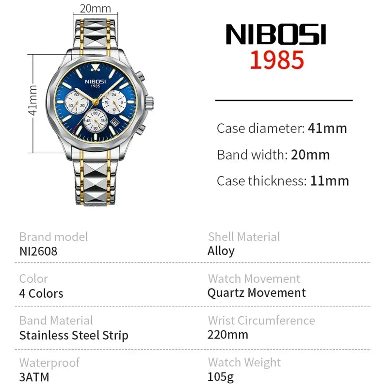 NIBOSI Luxury Watch Men Top Brand Wristwatch Chronograph Waterproof Luminous Date Men Watches Stainless Quartz Relogio Masculino