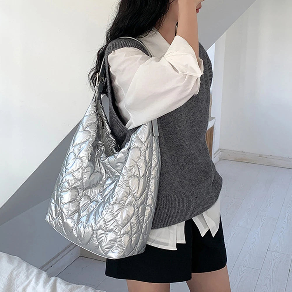 Fashion Puffer Handbag Love Pattern Padded Shoulder Bags Quilted Space Cotton Crossbody Bag Sliver Women Tote Bag Fashion Bag