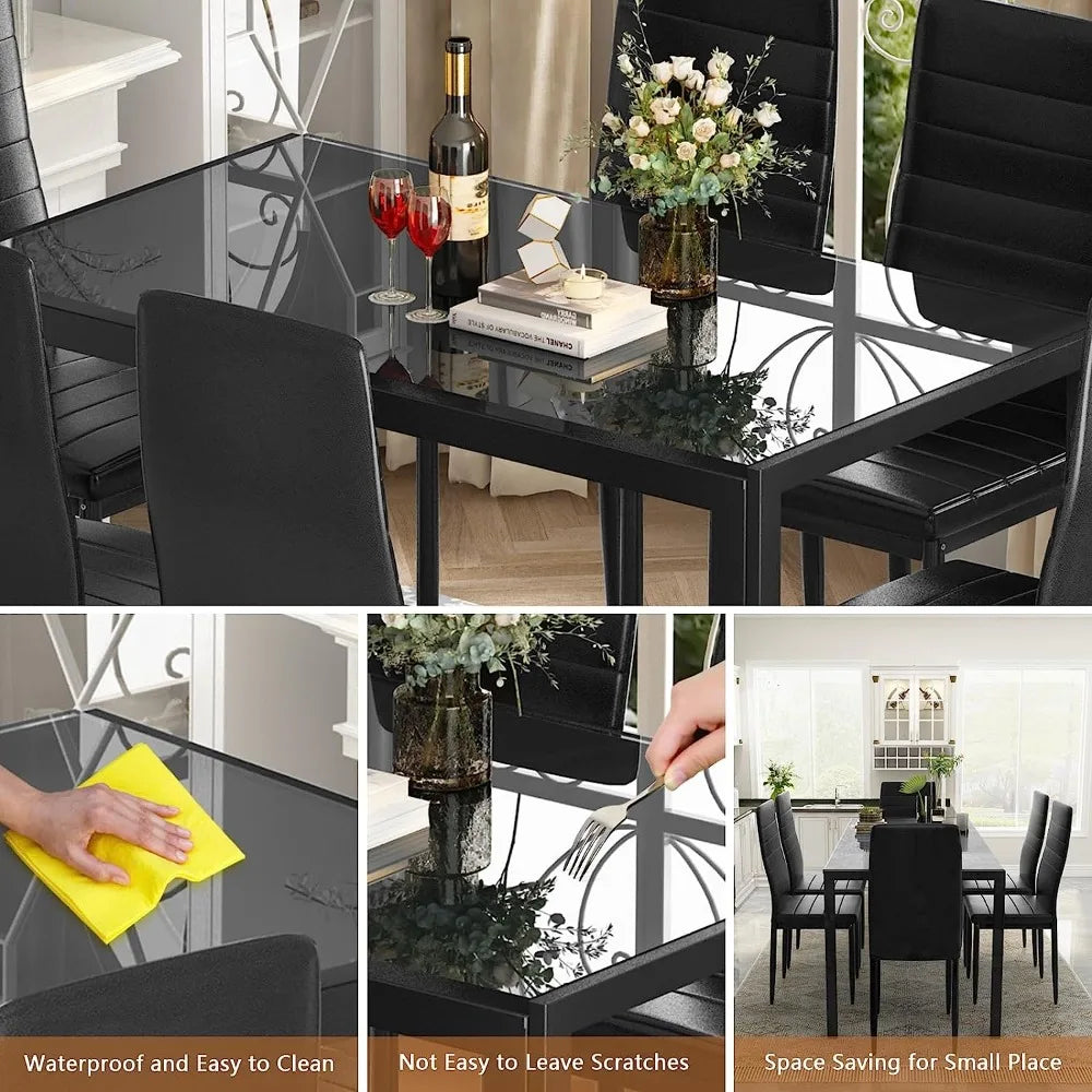 Dining Table Set for 6, Set with 6 PU Leather Chairs, Dining Room Tables Set Large Breakfast with Metal Dining Table