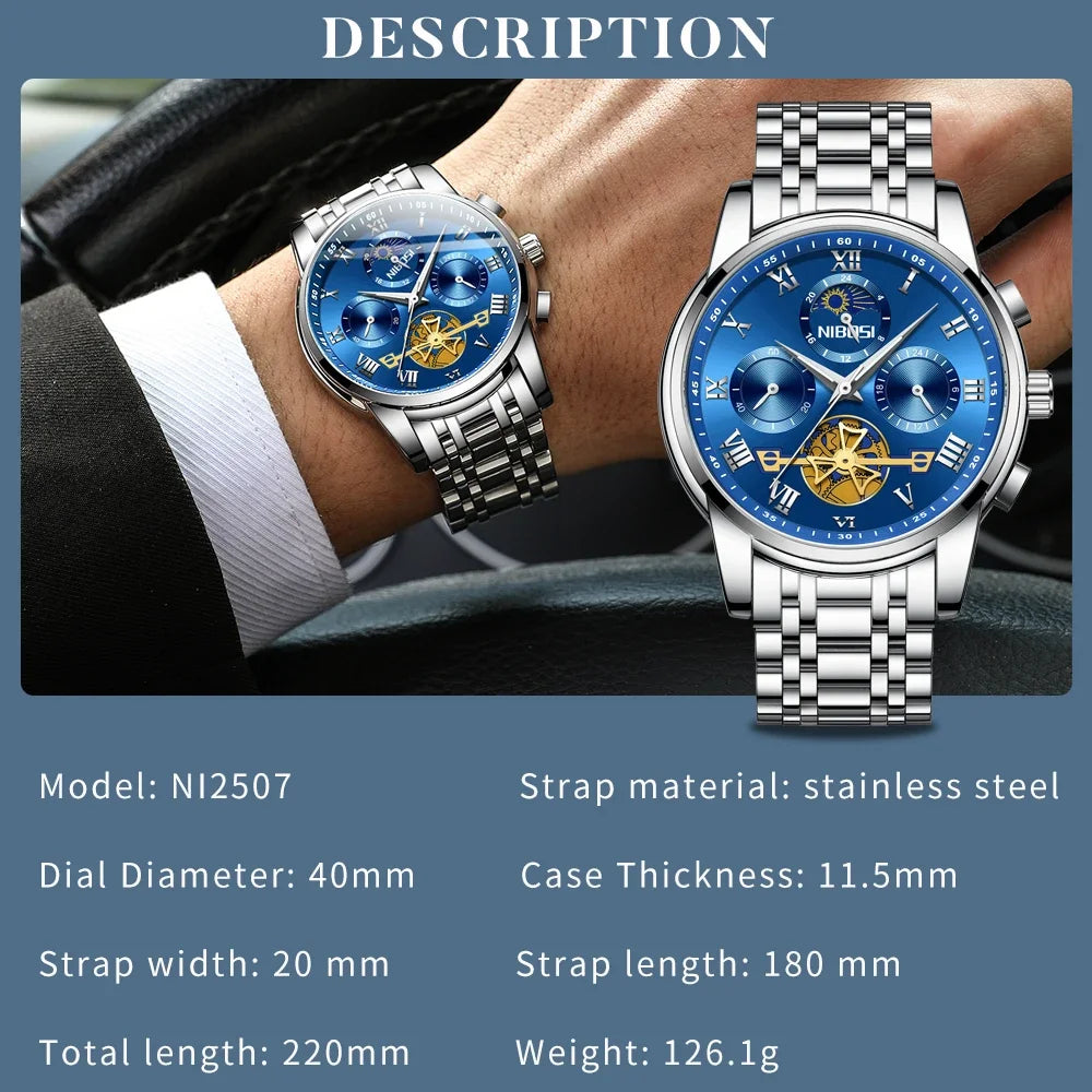 NIBOSI Fashion Watch For Men Luxury Original Classic Quartz Clock Analog Chronograph Sport Waterproof Moon Phase Male WristWatch