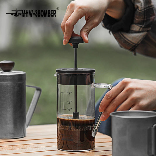 MHW-3BOMBER French Press Coffee Maker Heat Resistant Borosilicate Glass Coffee Pot for Camping Travel Home Barista Accessories