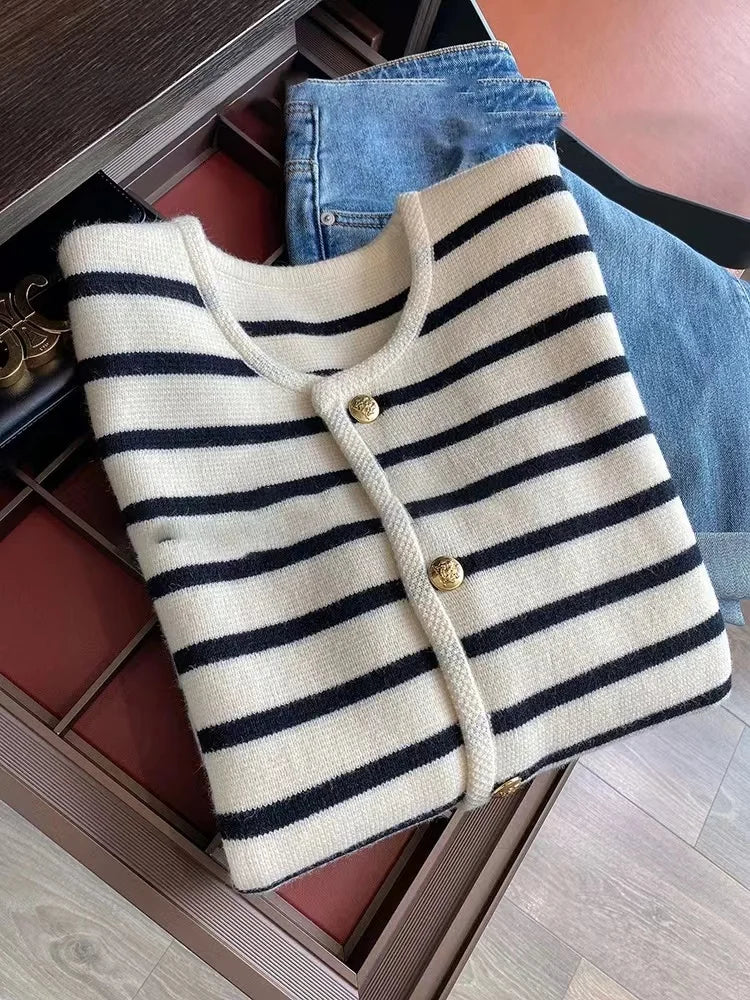 HELIAR Women Single-breasted Cardigan Sweater Knit Striped Patchwork Sweet Sweater Coat Office Sweater Women 2023 Fall Winter