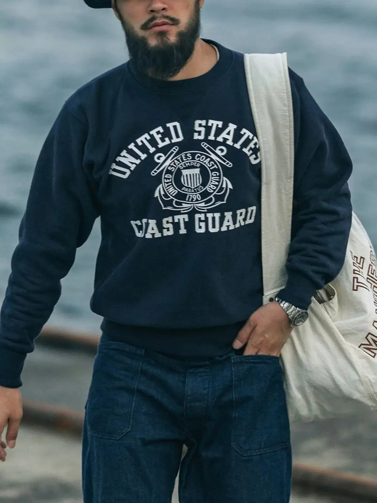 Bronson Coast Guard Graphic Sweatshirt Reverse Weave Heavyweight Men's Pullover Dark Blue