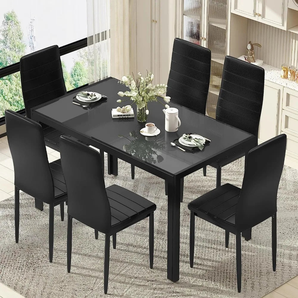 Dining Table Set for 6, Set with 6 PU Leather Chairs, Dining Room Tables Set Large Breakfast with Metal Dining Table