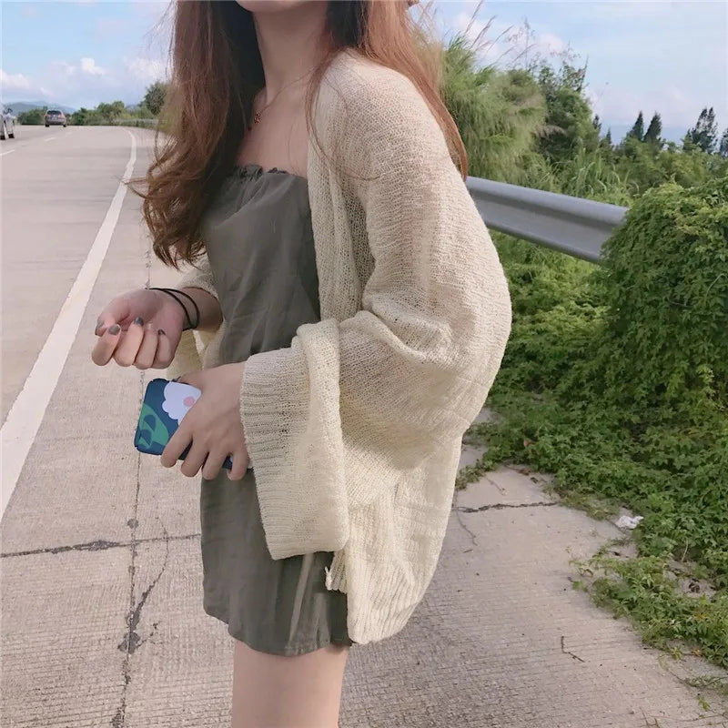 Knitted Cardigan for Women Summer Oversized Knit Loose Coat Sweater Korean Top Solid