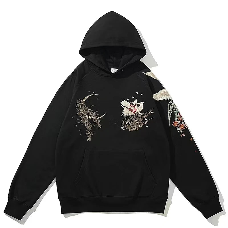 Nine Tailed Fox Heavy Work Embroidered Hoodies Black Men Boys Hip Hop Streetwear Classic Vintage Casual Spring Tops Sweatshirt