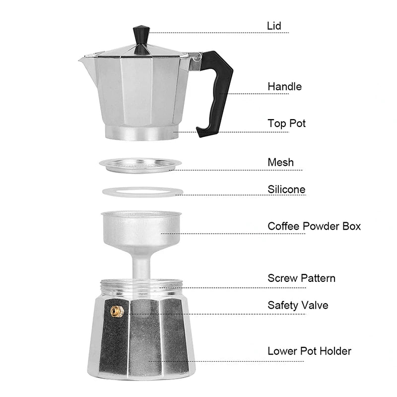 Moka Pot Stovetop Espresso Maker 50/100/150/300/450/600ML Stainless Steel Coffee Maker For Classic Italian For Home Office Use