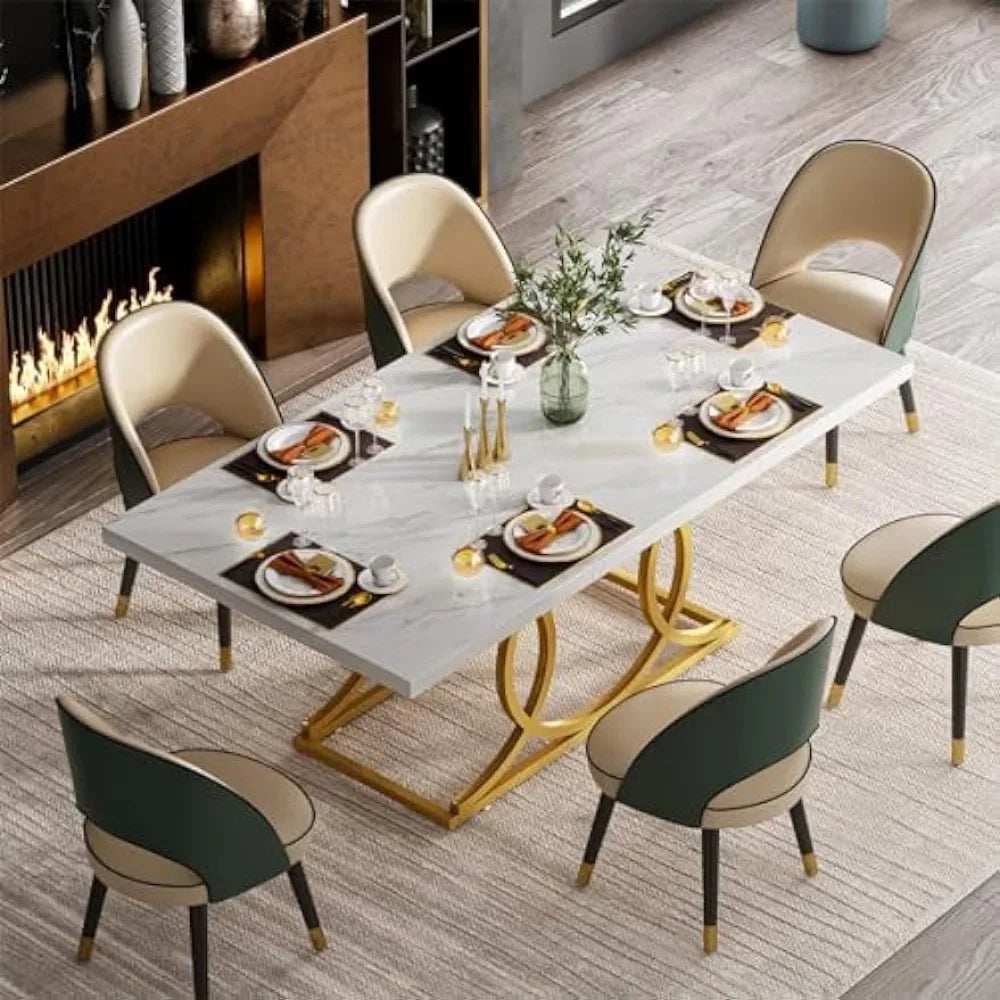 Modern Dining Table for 6-8 People Geometric Rectangular Dining Table With Gold Metal Frame Set Room Furniture Home