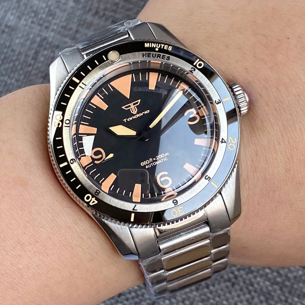 Tandorio 20bar Diving Mechanical Men Watch Vintage Dial Dome Sapphire Glass S NH35 Movt Steel Bracelet 120 clicks Bezel Business