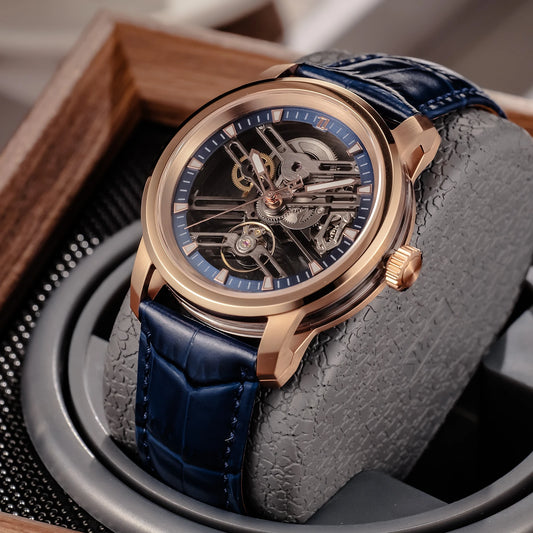 OBLVLO Top Brand Skeleton Mechanical Men Watches Rose Gold Blue Leather Transparent Hollow Automatic Watch Orologio da Uomo KM-S