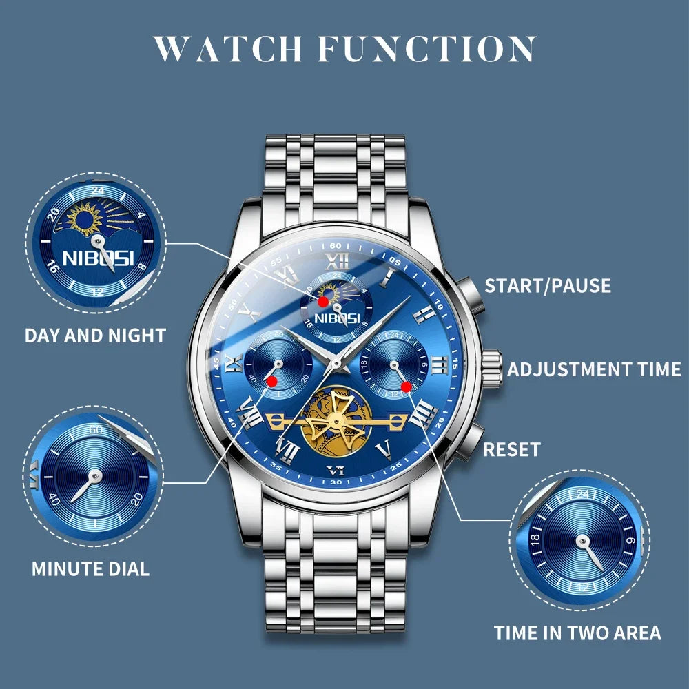 NIBOSI Fashion Watch For Men Luxury Original Classic Quartz Clock Analog Chronograph Sport Waterproof Moon Phase Male WristWatch