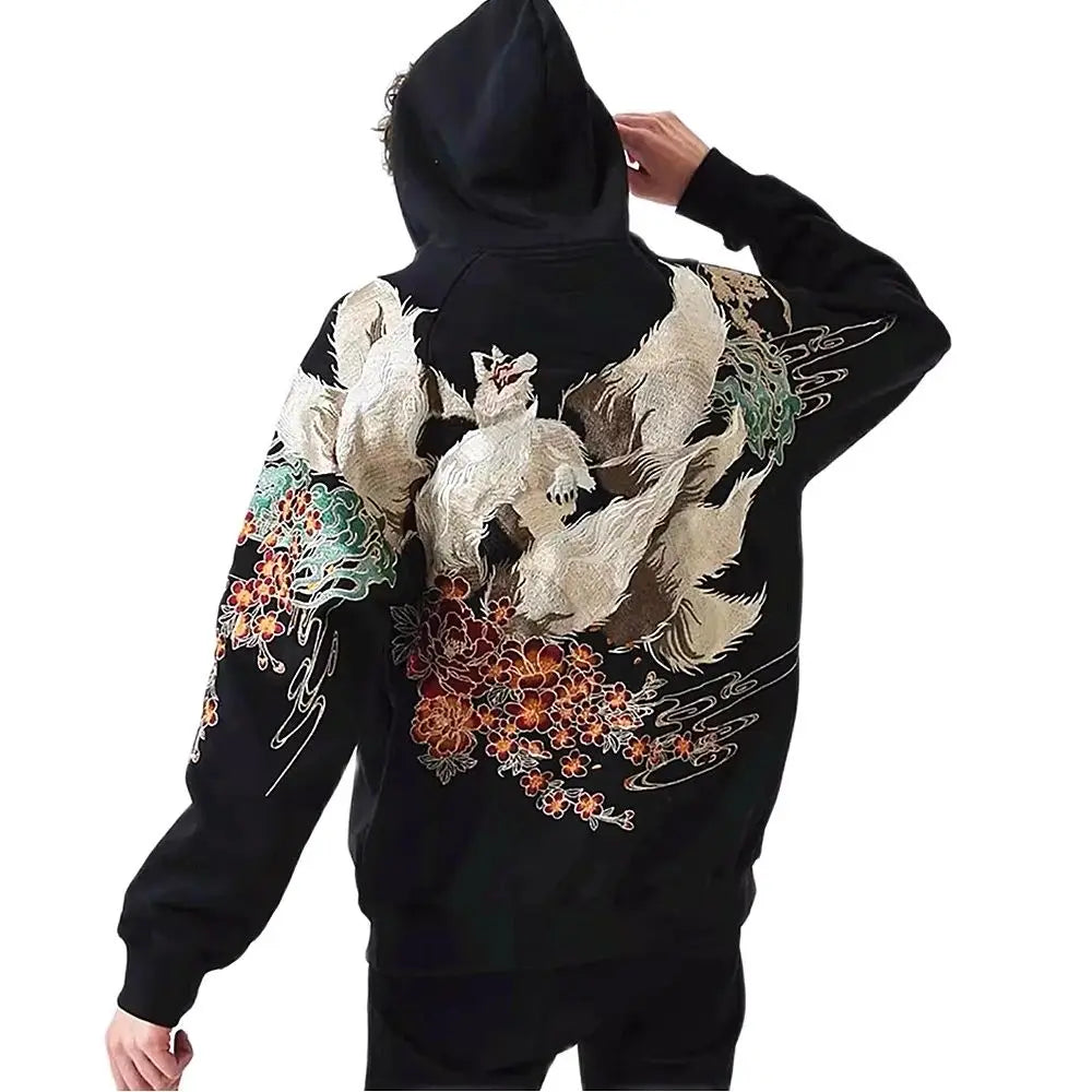 Nine Tailed Fox Heavy Work Embroidered Hoodies Black Men Boys Hip Hop Streetwear Classic Vintage Casual Spring Tops Sweatshirt