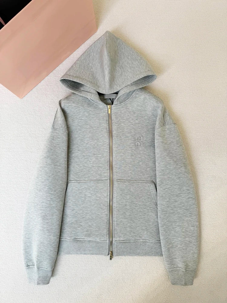 New Gray Hooded Zipper Sweatshirt Fashion Double Layer Cotton Thickened Basic Cardigan Jacket Cost