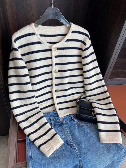 HELIAR Women Single-breasted Cardigan Sweater Knit Striped Patchwork Sweet Sweater Coat Office Sweater Women 2023 Fall Winter